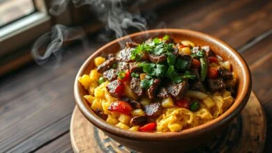 Farofa dourada e solta com iscas de carne macias e vegetais refogados, finalizada com cheiro-verde fresco.