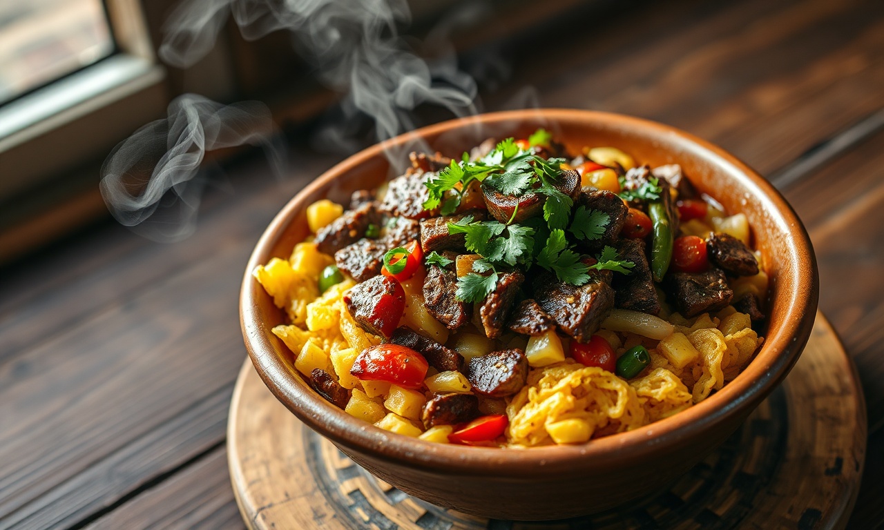 Farofa dourada e solta com iscas de carne macias e vegetais refogados, finalizada com cheiro-verde fresco.