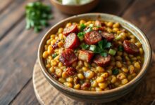 Farofa de lentilha soltinha e dourada, com pedaços de bacon crocante, rodelas de linguiça calabresa e toque de cheiro-verde fresco.