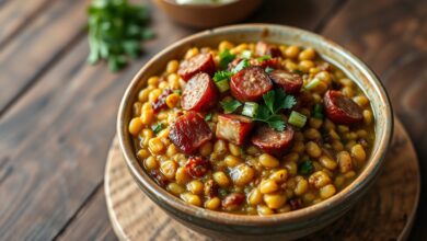 Farofa de lentilha soltinha e dourada, com pedaços de bacon crocante, rodelas de linguiça calabresa e toque de cheiro-verde fresco.