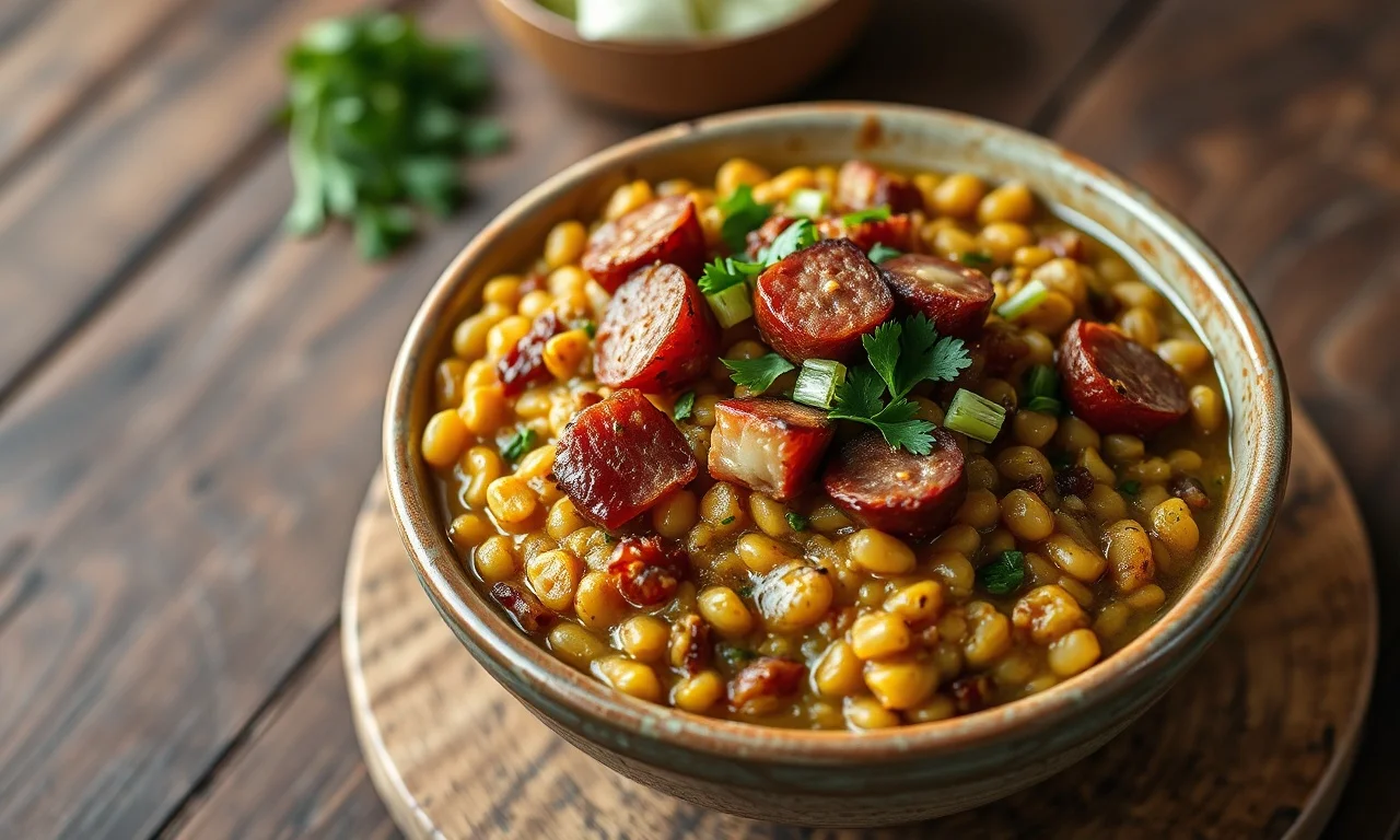 Farofa De Lentilha Crocante Com Bacon E Calabresa 3 Farofa de lentilha soltinha e dourada, com pedaços de bacon crocante, rodelas de linguiça calabresa e toque de cheiro-verde fresco.