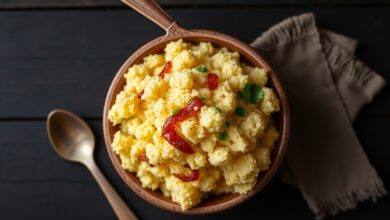 Tigela de farofa de manteiga dourada, soltinha, com pedaços de cebola caramelizada e salsinha fresca, pronta para servir.