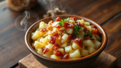 Farofa úmida e macia com cubinhos de bacon dourado, pedaços de cebola e folhas de cheiro-verde, servida em uma tigela de barro rústica.