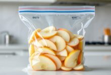 Fatias de maçã congeladas, brilhantes e separadas, prontas para serem guardadas no freezer.