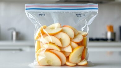 Fatias de maçã congeladas, brilhantes e separadas, prontas para serem guardadas no freezer.