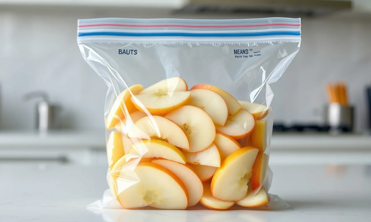 Como Congelar Maçã Em 5 Passos Fáceis (Sem Grudar) 3 Fatias de maçã congeladas, brilhantes e separadas, prontas para serem guardadas no freezer.