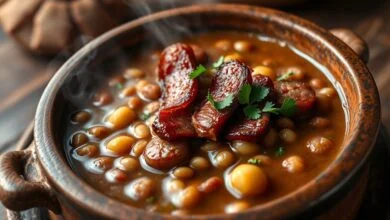 Prato fundo de feijão carioca com caldo espesso, bacon crocante e calabresa
