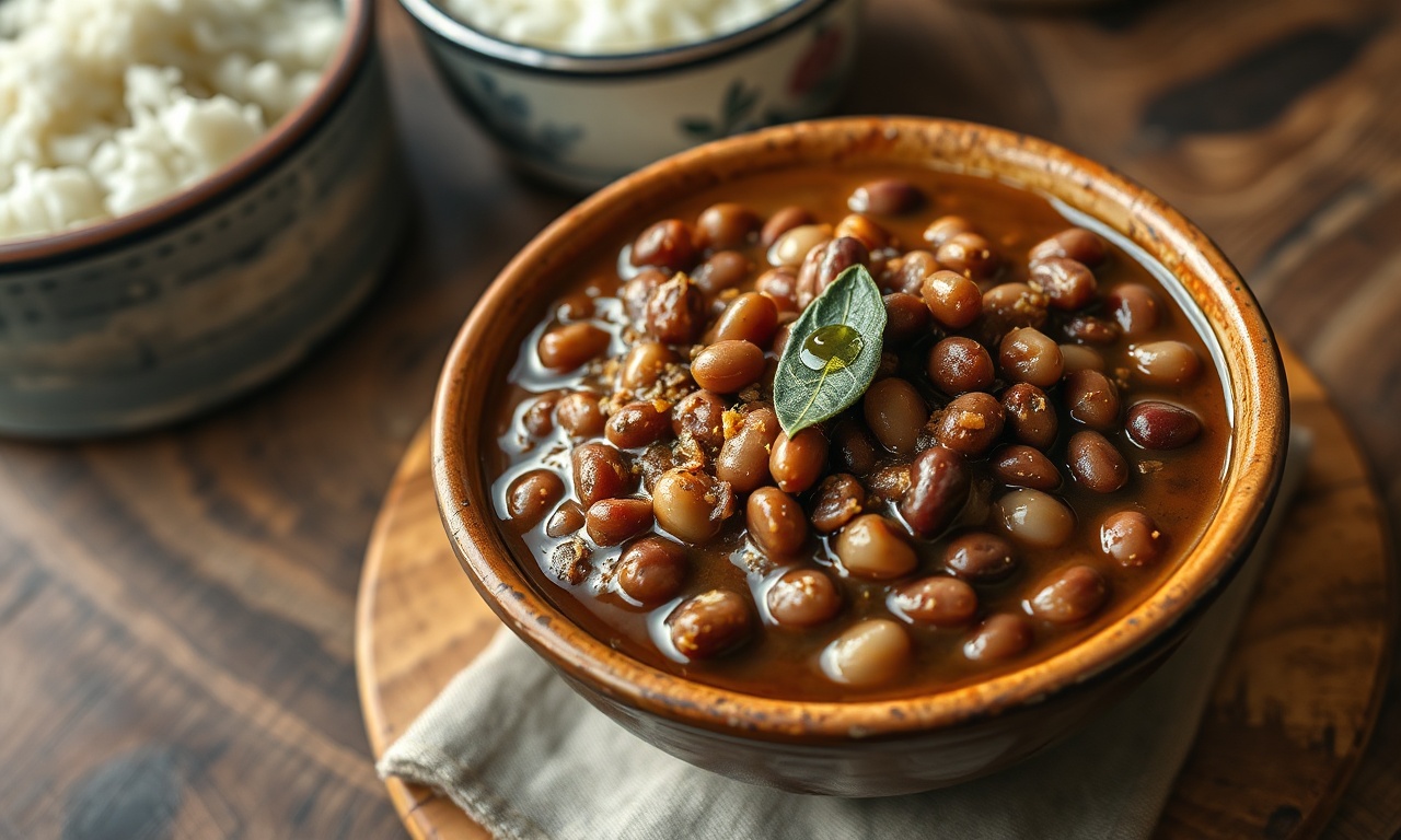 Tigela de feijão-carioca com caldo encorpado e escuro, grãos macios cobertos por um molho denso que gruda no grão, fios de alho dourado por cima e folha de louro decorativa.