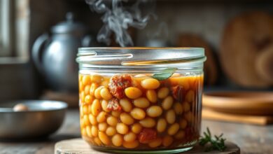 Feijão carioca com caldo grosso em um recipiente de vidro transparente