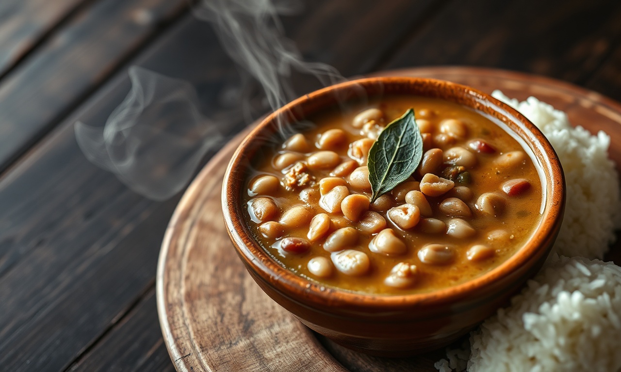 Tigela de feijão carioca cremoso, com caldo encorpado, grãos macios e folhas de louro, acompanhado de arroz branco fofinho.