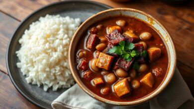 Uma tigela de feijão encorpado com caldo grosso e escuro, cubos de bacon dourado, rodelas de calabresa e cheiro-verde picado por cima, servido ao lado de arroz branco fumegante.