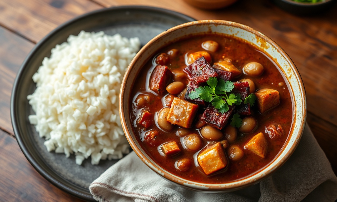 Feijão Encorpado De Panela De Pressão: Caldo Grosso E Saboroso 3 Uma tigela de feijão encorpado com caldo grosso e escuro, cubos de bacon dourado, rodelas de calabresa e cheiro-verde picado por cima, servido ao lado de arroz branco fumegante.