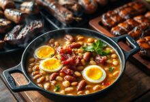 Feijão tropeiro cremoso e saboroso, com pedaços de bacon e linguiça, servido em uma panela de ferro ao lado de carnes grelhadas.