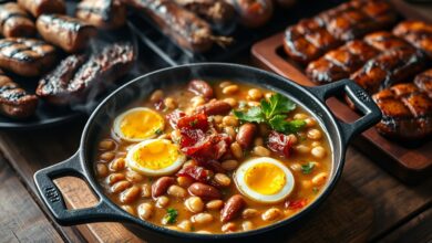 Feijão tropeiro cremoso e saboroso, com pedaços de bacon e linguiça, servido em uma panela de ferro ao lado de carnes grelhadas.