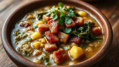 Feijão tropeiro solto e úmido em prato de barro, com pedaços de bacon dourado, linguiça, ovos mexidos e couve, finalizado com cheiro-verde fresco.