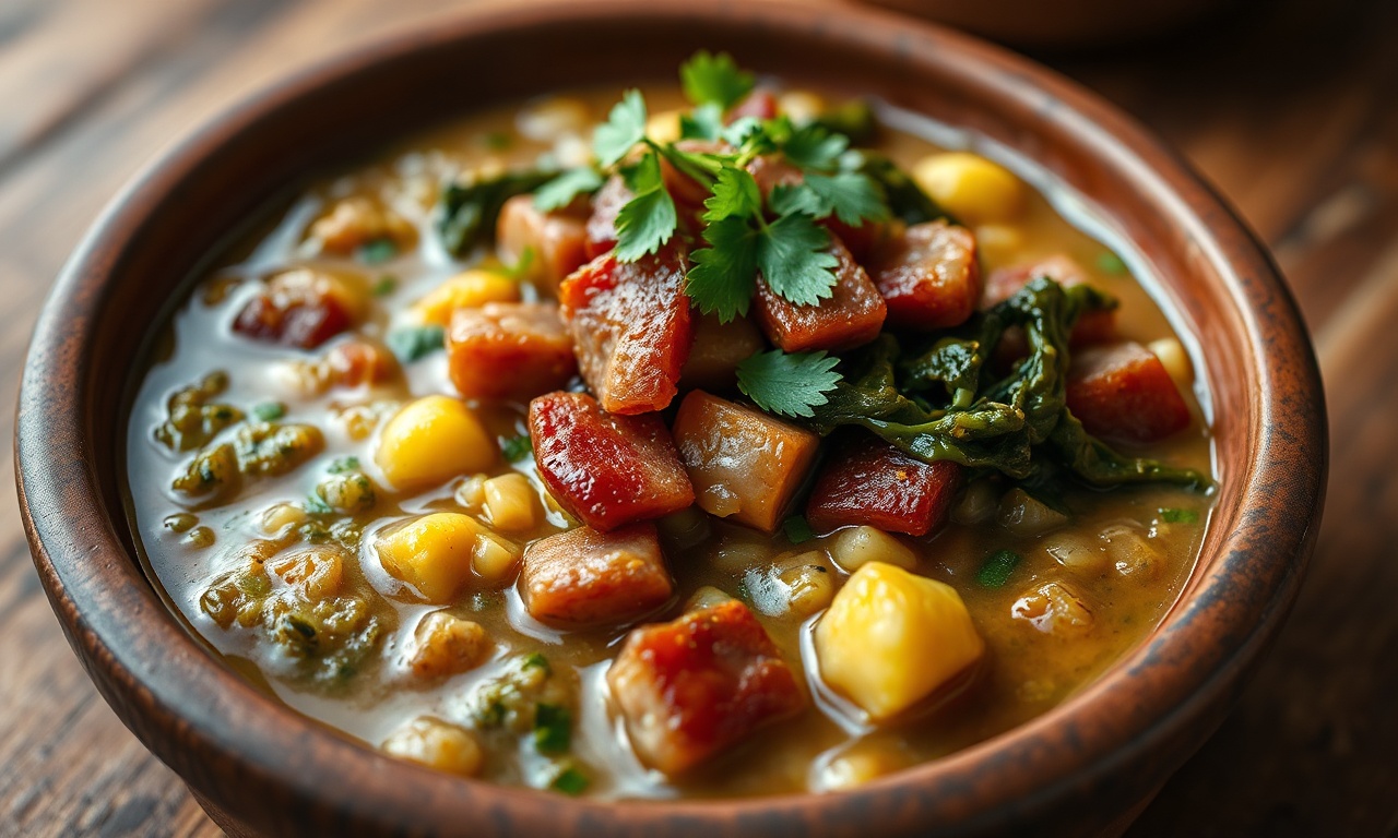 Feijão tropeiro solto e úmido em prato de barro, com pedaços de bacon dourado, linguiça, ovos mexidos e couve, finalizado com cheiro-verde fresco.
