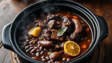 Caldeirão de barro rústico servindo uma feijoada encorpada com guarnições tradicionais ao redor