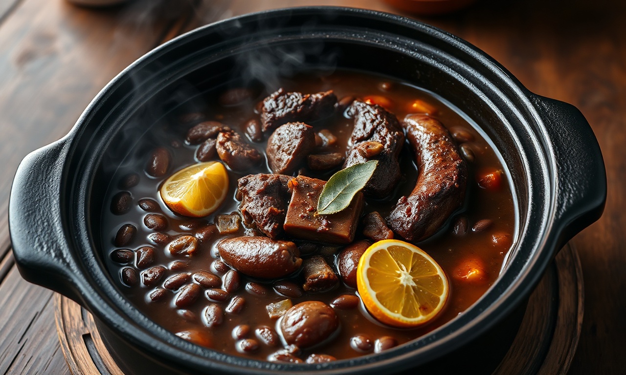 Feijoada Para 10 Pessoas: Receita Completa E Suculenta 3 Caldeirão de barro rústico servindo uma feijoada encorpada com guarnições tradicionais ao redor