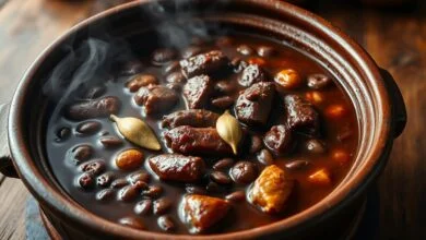 Caldeirão de barro rústico servindo uma feijoada farta e suculenta