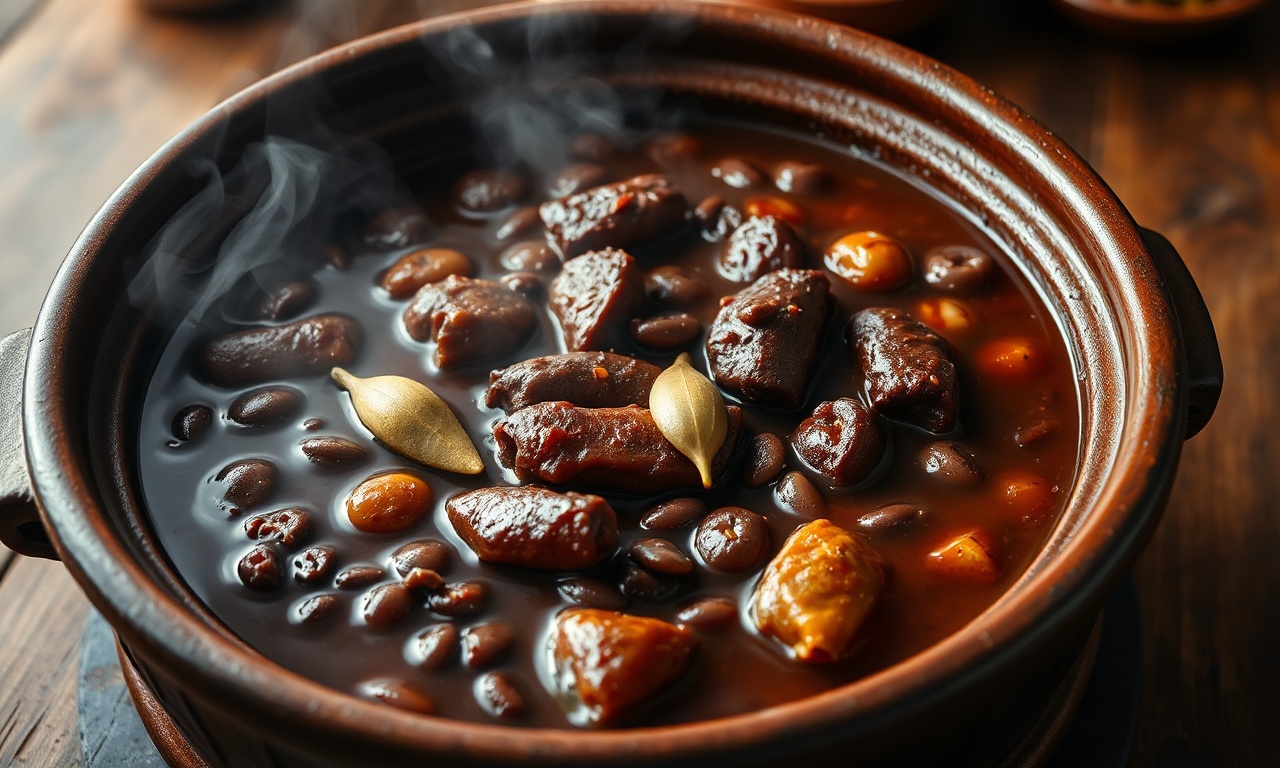 Caldeirão de barro rústico servindo uma feijoada farta e suculenta