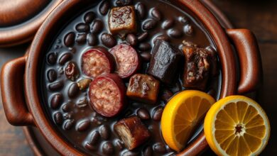 Uma porção generosa de feijoada com caldo encorpado, linguiça e carne-seca, servida em uma panela de barro rústica.