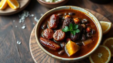 Bowl de feijoada com caldo grosso, linguiças suculentas e farofa ao lado.