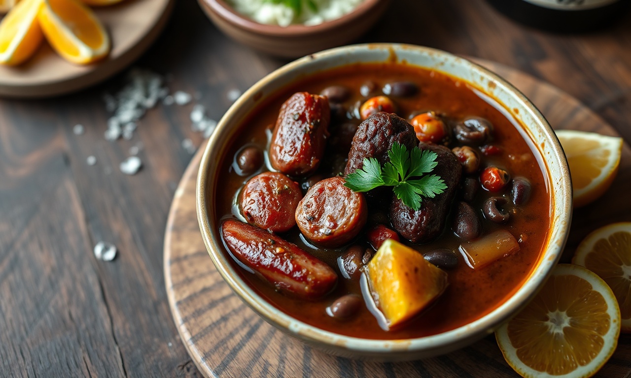 Bowl de feijoada com caldo grosso, linguiças suculentas e farofa ao lado.