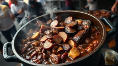 Um vasto panelão de ferro contendo uma feijoada escura e encorpada, com pedaços generosos de carne seca, linguiça calabresa e costela, servida em um ambiente de grande evento.