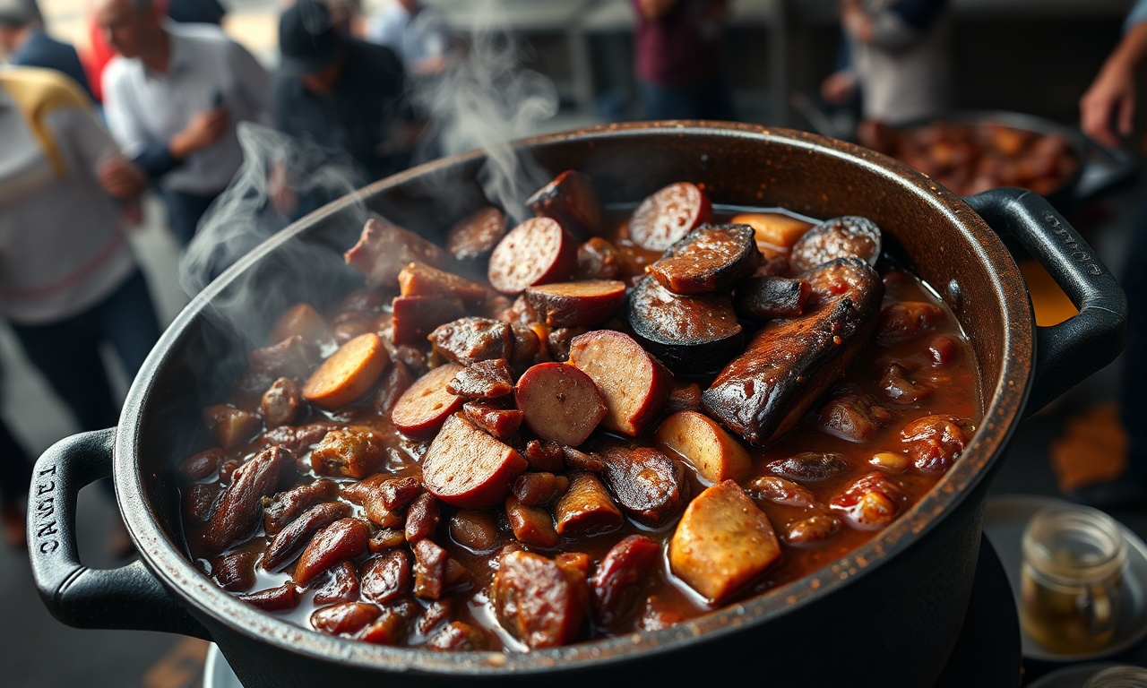 Um vasto panelão de ferro contendo uma feijoada escura e encorpada, com pedaços generosos de carne seca, linguiça calabresa e costela, servida em um ambiente de grande evento.