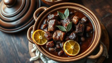 Feijoada farta e cremosa em travessa de cerâmica, com carnes variadas, feijão preto brilhante e fatias de laranja ao redor.