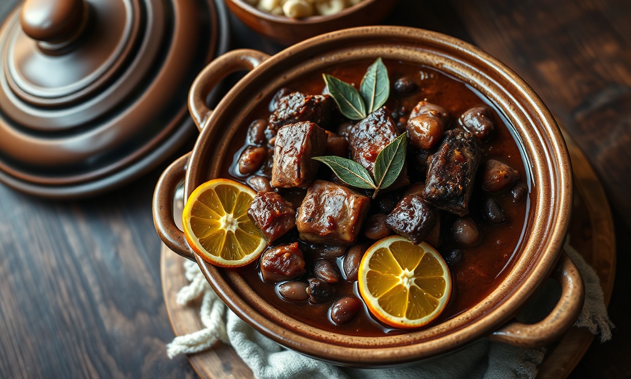 Feijoada farta e cremosa em travessa de cerâmica, com carnes variadas, feijão preto brilhante e fatias de laranja ao redor.