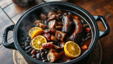 Uma panela gigante de feijoada com caldo escuro e brilhante, repleta de feijão preto macio, linguiça calabresa, costela e bacon, pronta para servir uma grande confraternização.