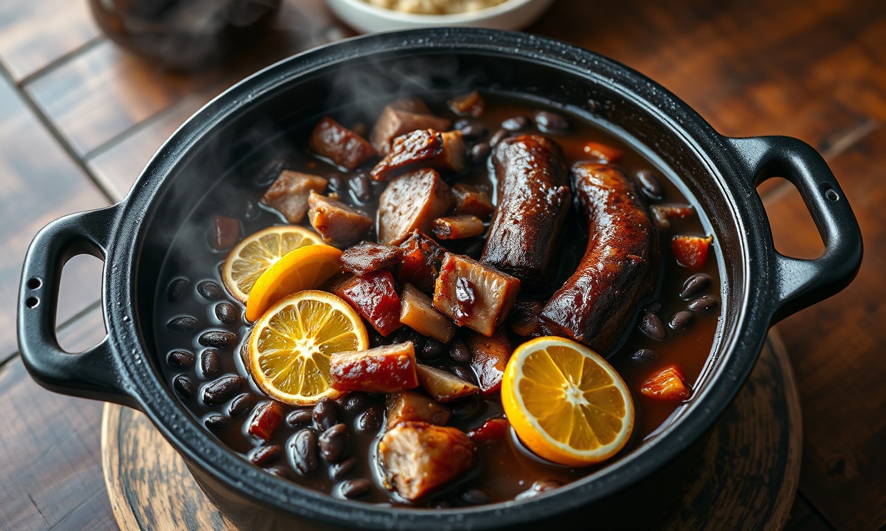 Uma panela gigante de feijoada com caldo escuro e brilhante, repleta de feijão preto macio, linguiça calabresa, costela e bacon, pronta para servir uma grande confraternização.