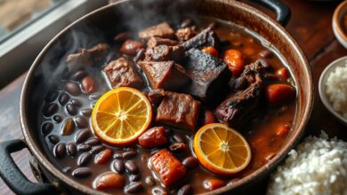 Uma panela gigante de feijoada com feijão preto cremoso, pedaços de carne seca, linguiça e costela, pronta para servir uma multidão.