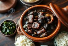 Panela de barro transbordando de feijoada completa com feijão preto cremoso, pedaços generosos de carne seca, linguiça calabresa e costela, servida na mesa com arroz branco, couve refogada e farofa.