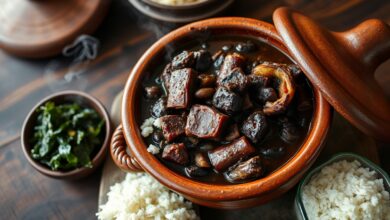 Panela de barro transbordando de feijoada completa com feijão preto cremoso, pedaços generosos de carne seca, linguiça calabresa e costela, servida na mesa com arroz branco, couve refogada e farofa.