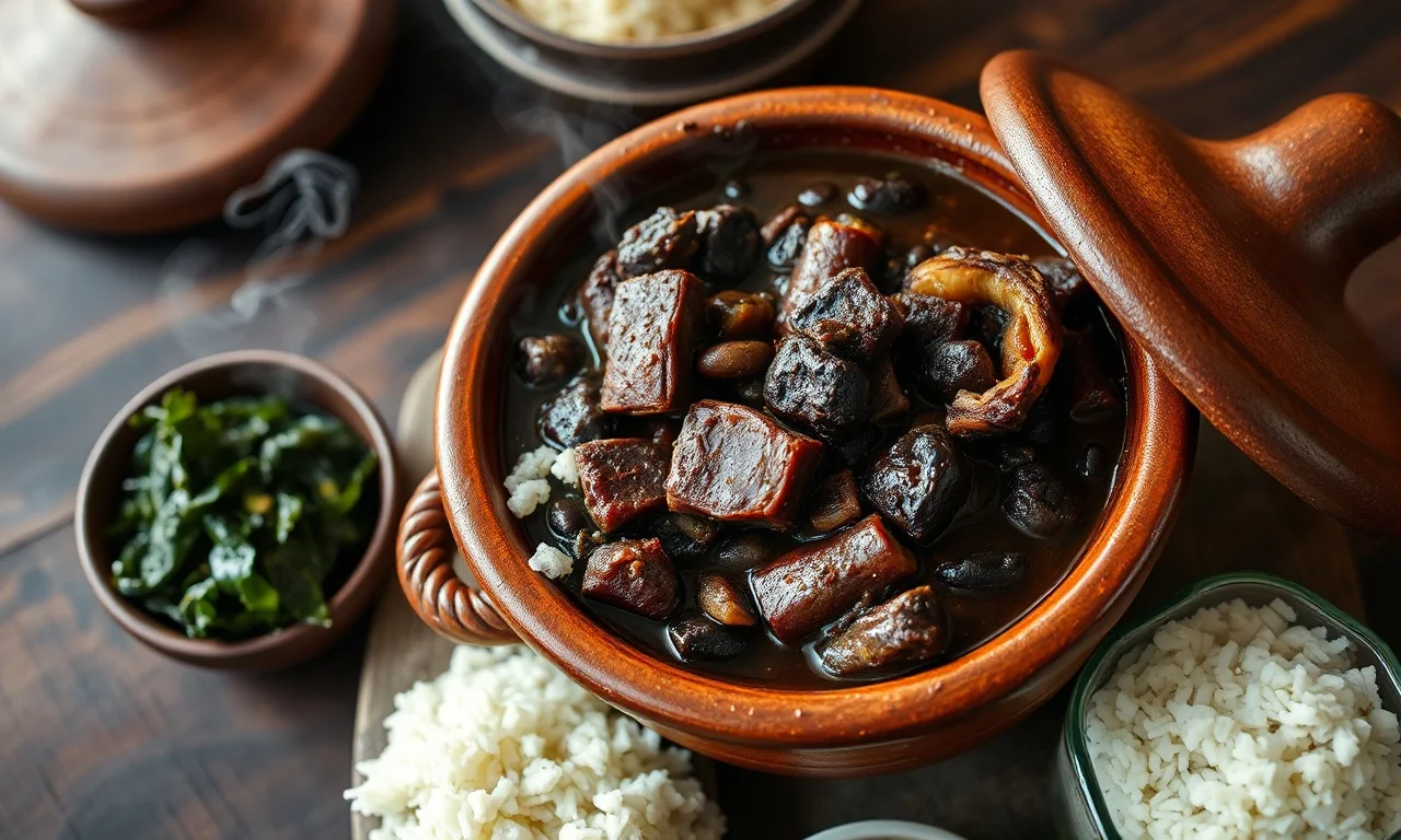 Panela de barro transbordando de feijoada completa com feijão preto cremoso, pedaços generosos de carne seca, linguiça calabresa e costela, servida na mesa com arroz branco, couve refogada e farofa.