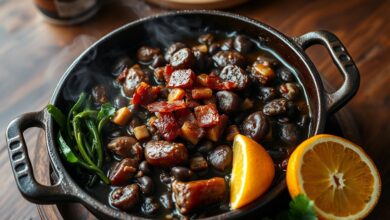 Panela de ferro transbordando de feijoada completa com carnes nobres, linguiça calabresa dourada, couve refogada, farofa dourada e fatias de laranja fresca.
