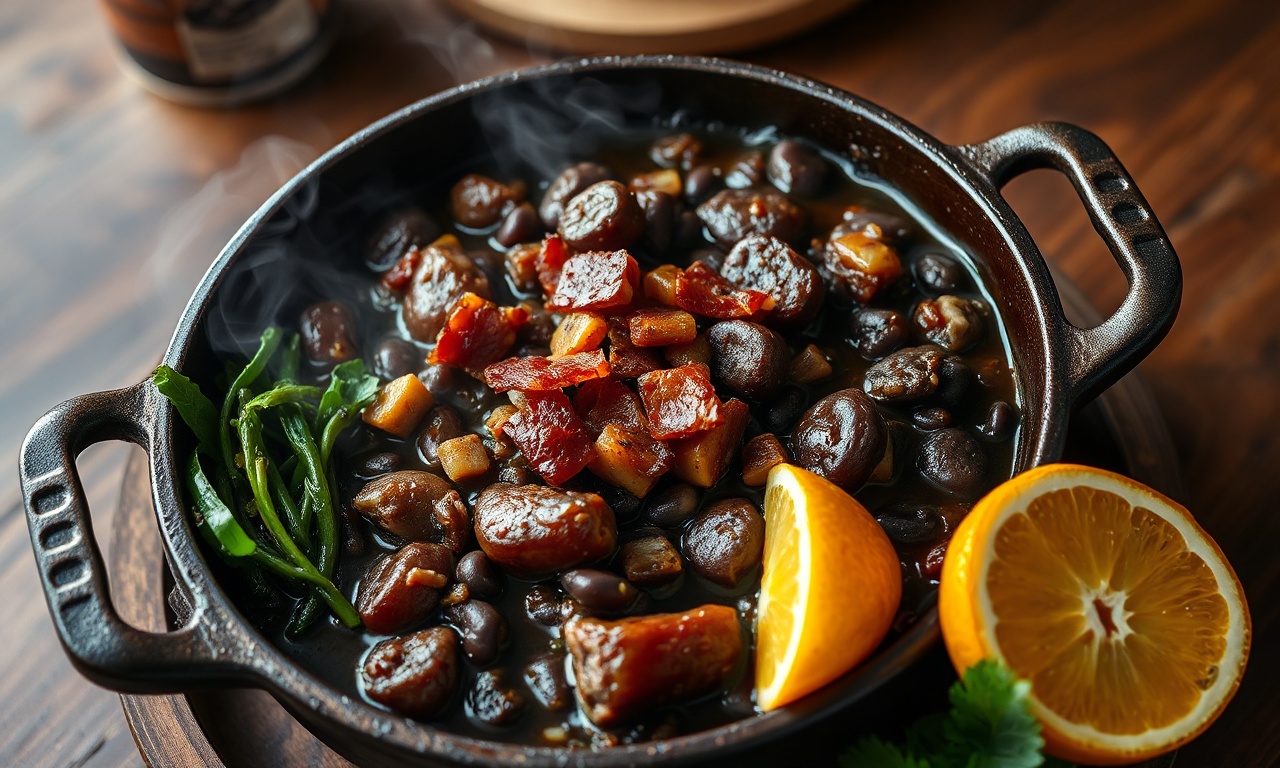 Panela de ferro transbordando de feijoada completa com carnes nobres, linguiça calabresa dourada, couve refogada, farofa dourada e fatias de laranja fresca.