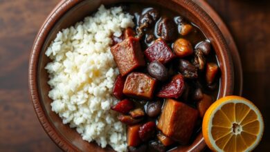 Tigela de barro com feijão preto brilhante, caldo escuro e encorpado, fatias de linguiça calabresa dourada, cubos de bacon crocante e pedaços de costela macia, servida ao lado de arroz branco soltinho e uma fatia de laranja.