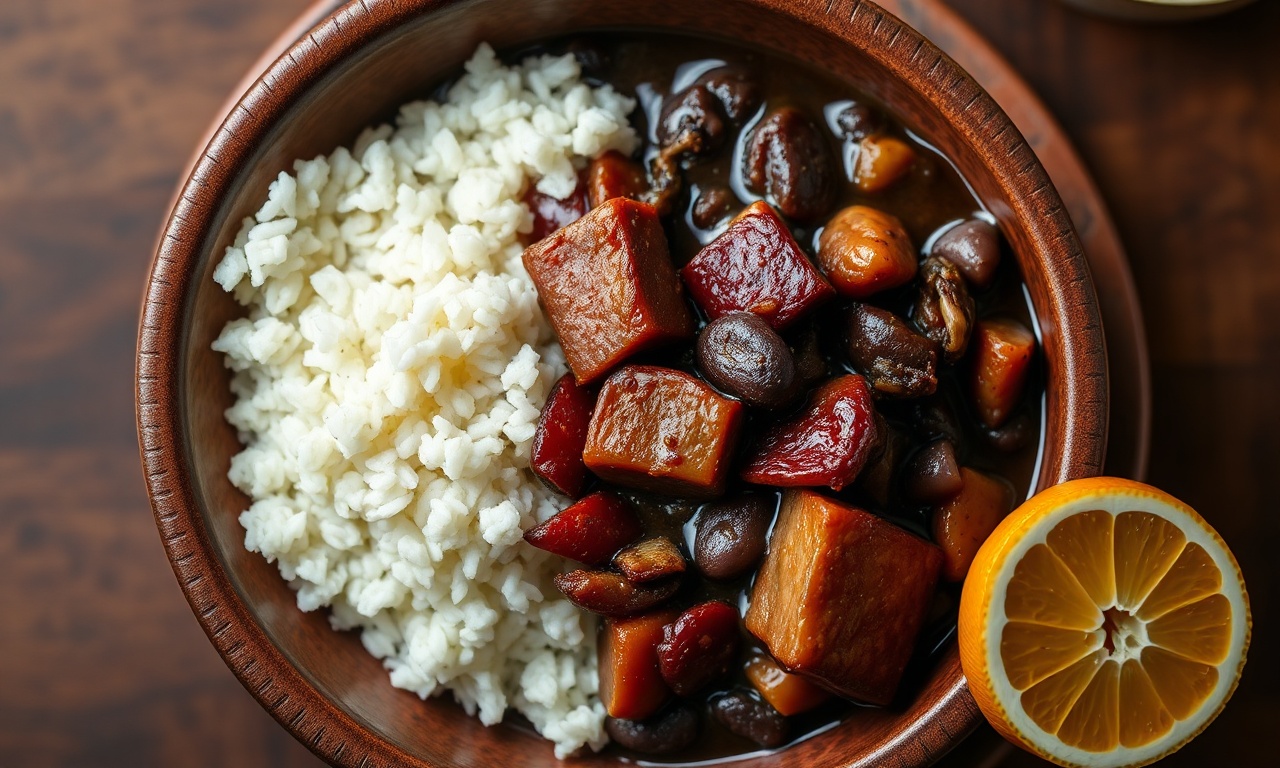 Tigela de barro com feijão preto brilhante, caldo escuro e encorpado, fatias de linguiça calabresa dourada, cubos de bacon crocante e pedaços de costela macia, servida ao lado de arroz branco soltinho e uma fatia de laranja.