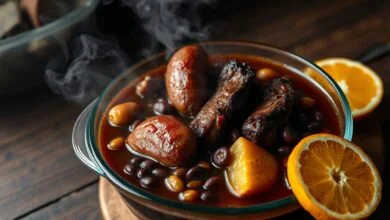 Feijoada brasileira tradicional com carnes ricas e caldo denso servida em recipientes de armazenamento