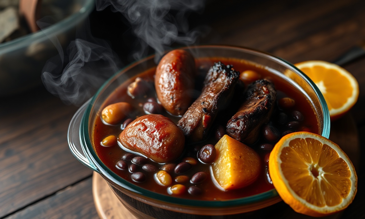 Feijoada brasileira tradicional com carnes ricas e caldo denso servida em recipientes de armazenamento