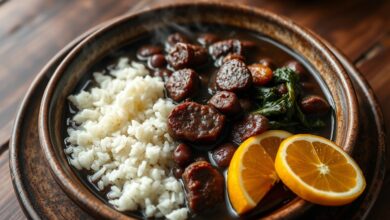 Tigela fumegante de feijoada com feijão preto brilhante, fatias de linguiça defumada dourada, costela bovina desfiada, acompanhada de arroz branco soltinho, couve refogada e fatias de laranja