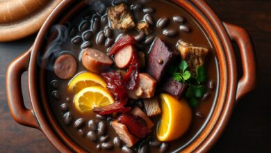 Feijoada cremosa e escura com pedaços de carnes suínas macias, servida em uma panela de barro rústica.