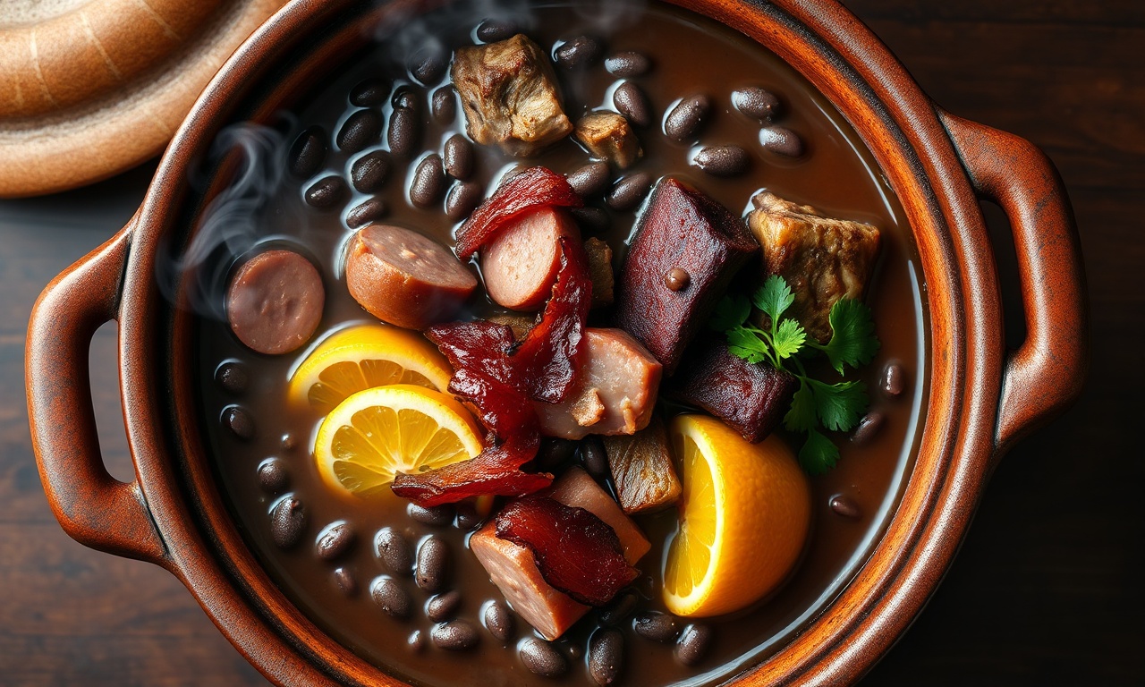 Feijoada cremosa e escura com pedaços de carnes suínas macias, servida em uma panela de barro rústica.