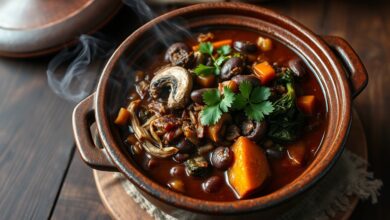Feijoada de cogumelos servida em tacho de barro, com textura rica e cobertura de coentro fresco.
