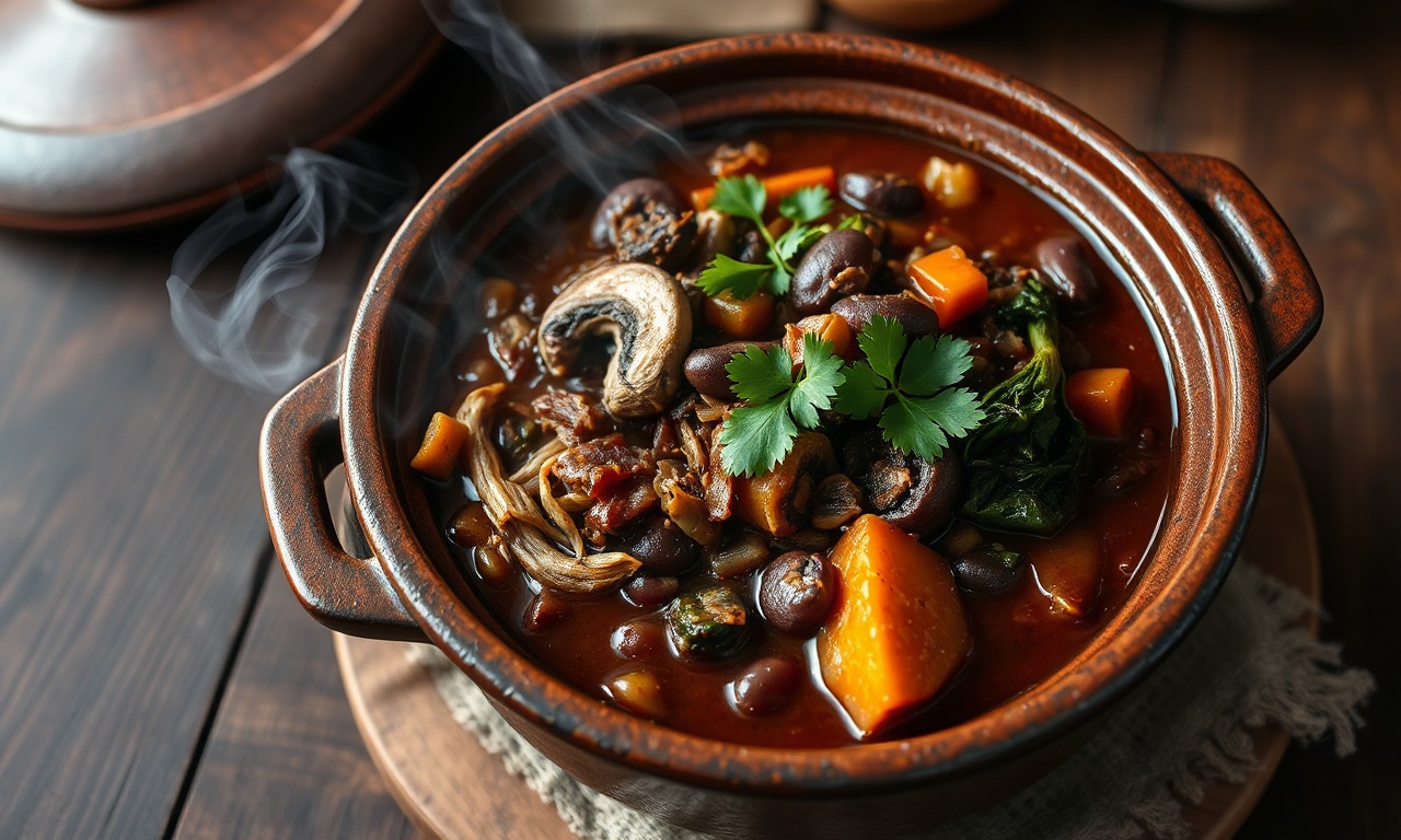 Feijoada Vegetariana Com Cogumelos E Sabor Defumado Incrível 3 Feijoada de cogumelos servida em tacho de barro, com textura rica e cobertura de coentro fresco.
