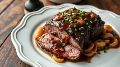 Fatias de filé mignon com crosta dourada, regadas por um molho madeira encorpado e brilhante, finalizadas com cebolinha fresca.