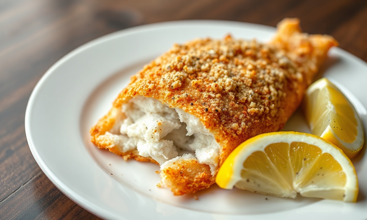Filé de peixe com crosta dourada e uniforme, servido com limão fresco.
